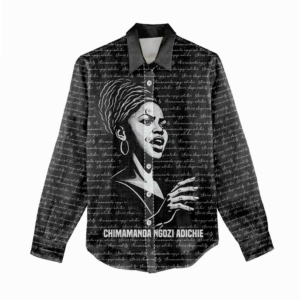 Chimamanda Ngozi Adichie Women Casual Shirt with Expressive Speaking Portrait, Stories Shape Reality - African Pride