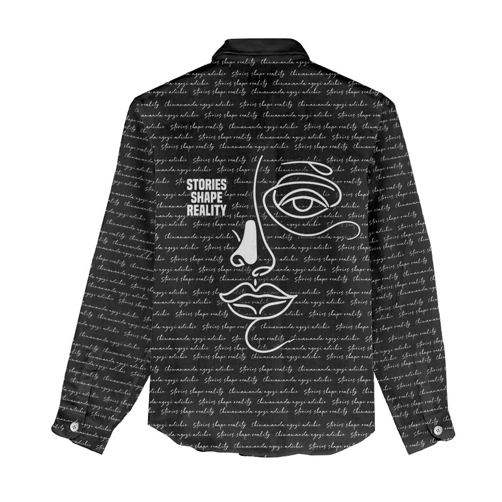 Chimamanda Ngozi Adichie Women Casual Shirt with Expressive Speaking Portrait, Stories Shape Reality - African Pride