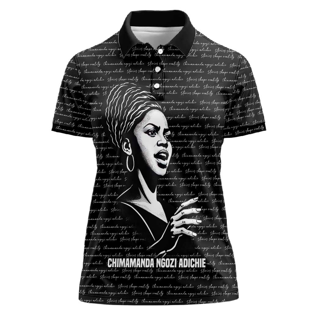 Chimamanda Ngozi Adichie Women Polo Shirt with Expressive Speaking Portrait, Stories Shape Reality - African Pride