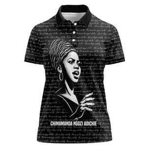 Chimamanda Ngozi Adichie Women Polo Shirt with Expressive Speaking Portrait, Stories Shape Reality - African Pride