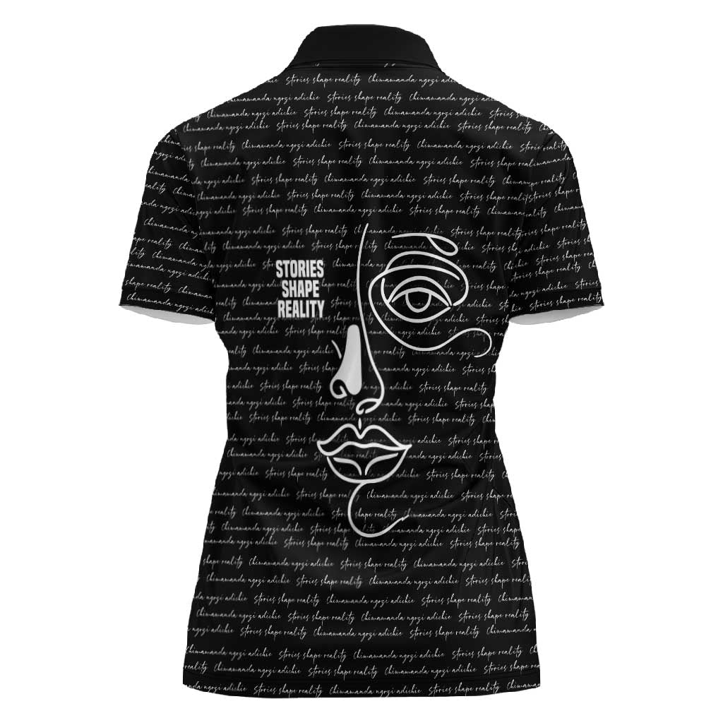 Chimamanda Ngozi Adichie Women Polo Shirt with Expressive Speaking Portrait, Stories Shape Reality - African Pride