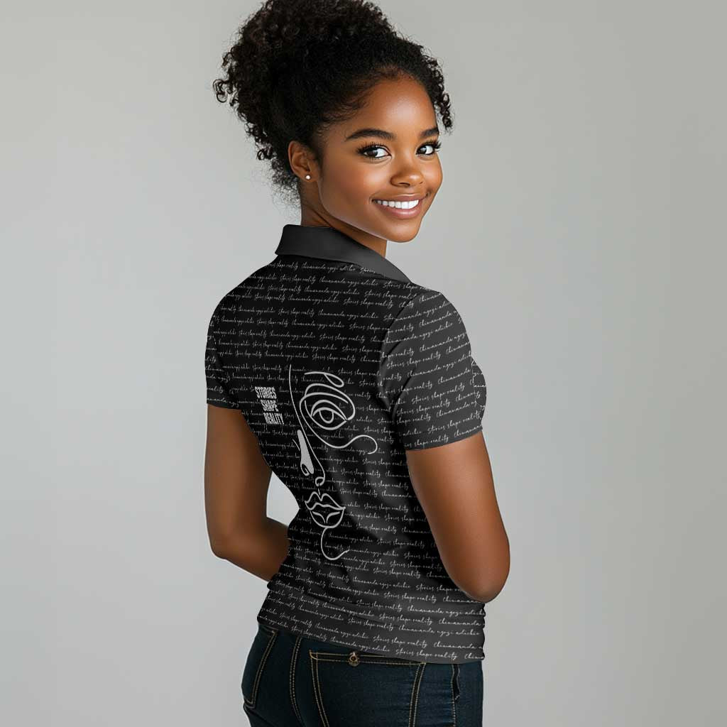 Chimamanda Ngozi Adichie Women Polo Shirt with Expressive Speaking Portrait, Stories Shape Reality - African Pride
