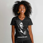 Chimamanda Ngozi Adichie Women V-Neck T-Shirt with Expressive Speaking Portrait, Stories Shape Reality - African Pride