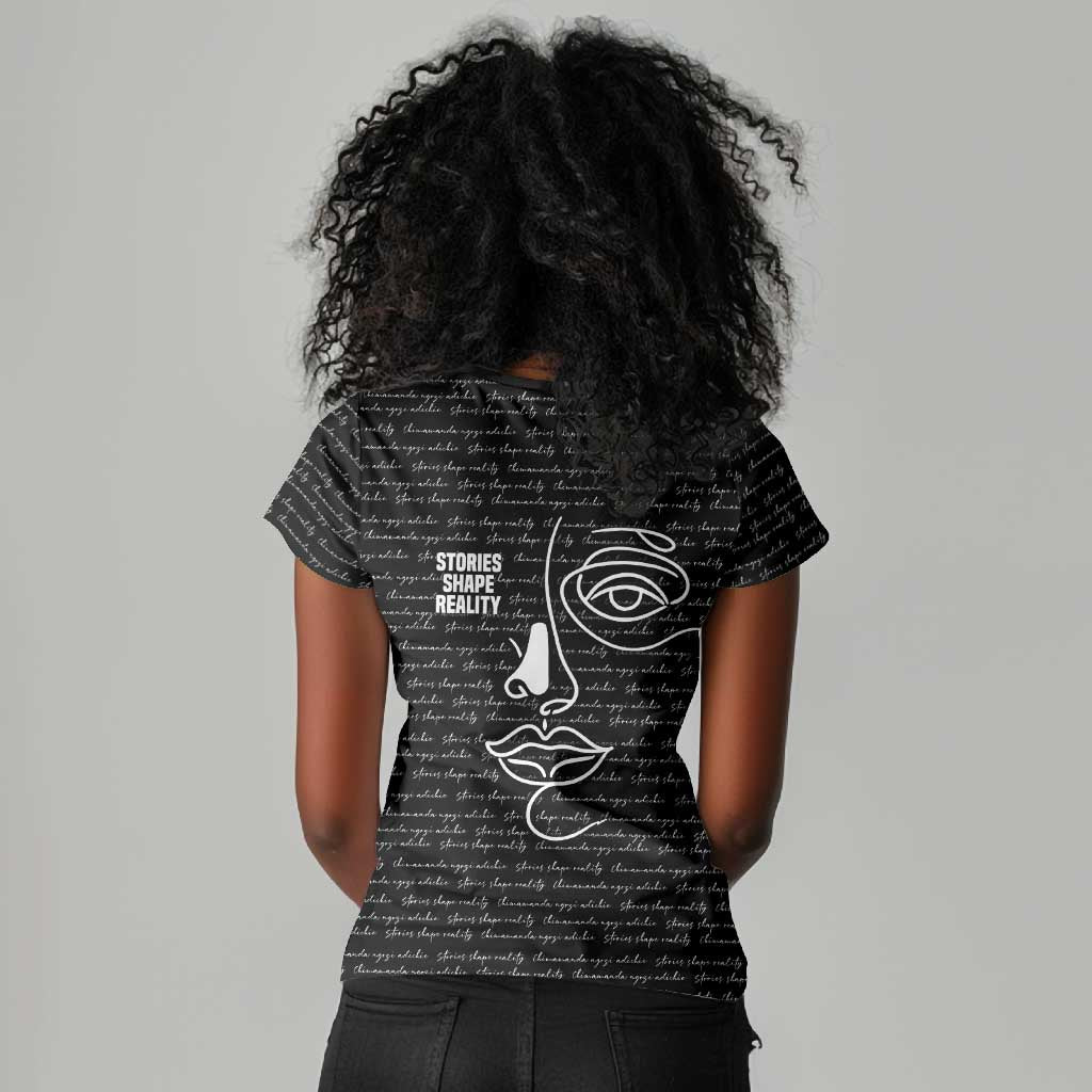 Chimamanda Ngozi Adichie Women V-Neck T-Shirt with Expressive Speaking Portrait, Stories Shape Reality - African Pride