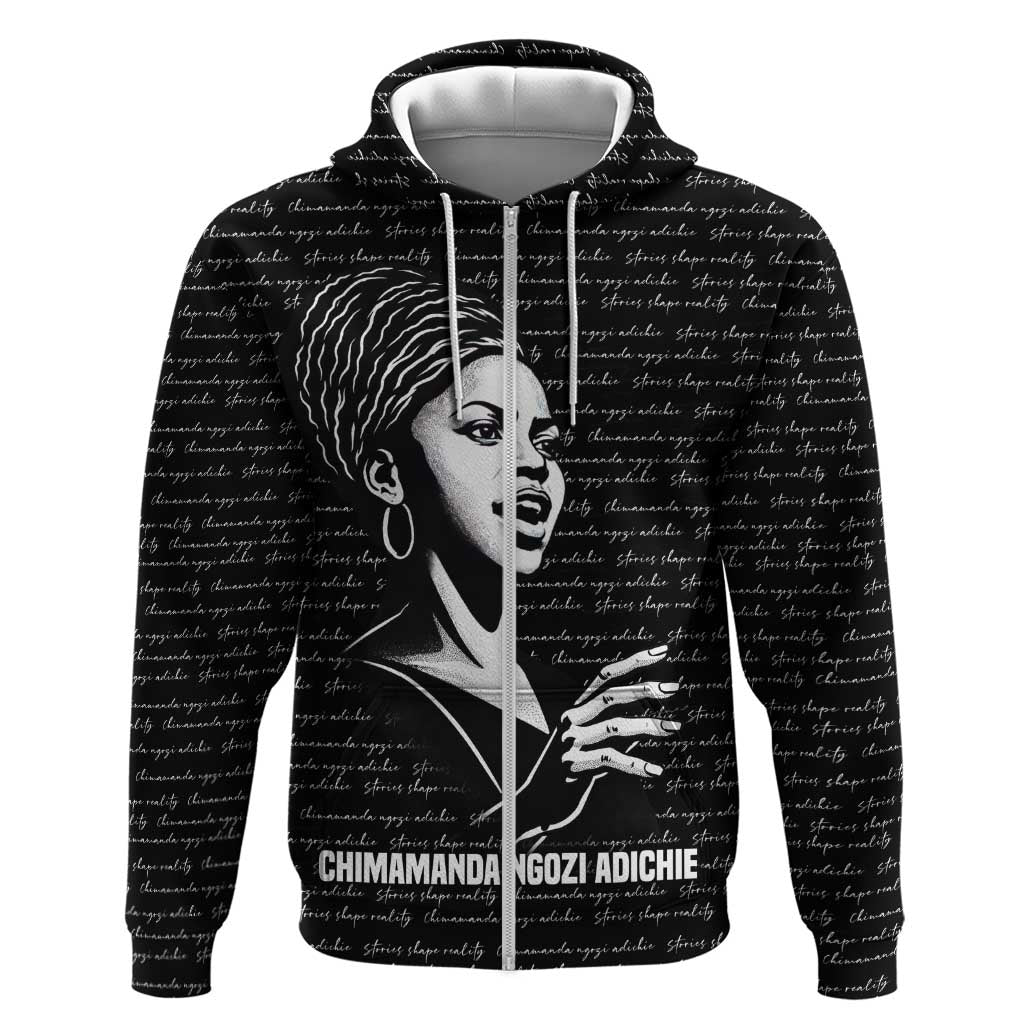 Chimamanda Ngozi Adichie Zip Hoodie with Expressive Speaking Portrait, Stories Shape Reality - African Pride