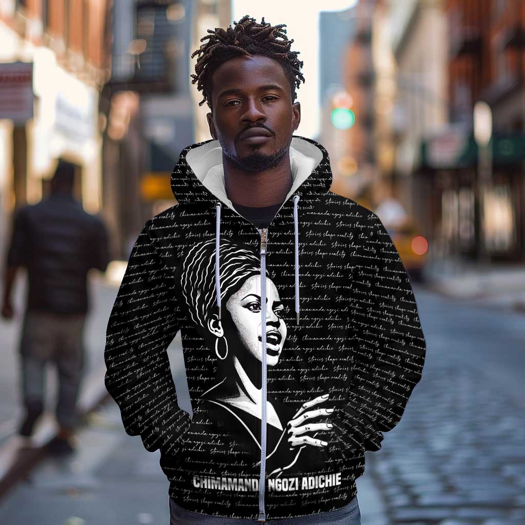 Chimamanda Ngozi Adichie Zip Hoodie with Expressive Speaking Portrait, Stories Shape Reality - African Pride