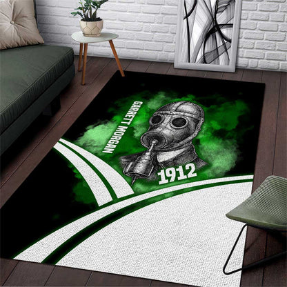 Garrett Morgan Area Rug with Gas Mask Invention Illustration, Inventing to Save Lives Quote - African Pride