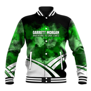 Garrett Morgan Baseball Jacket with Gas Mask Invention Illustration, Inventing to Save Lives Quote - African Pride