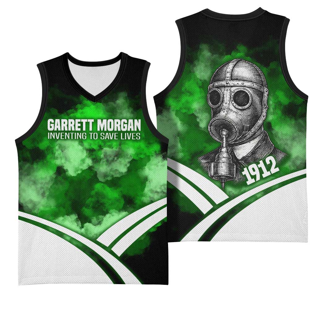 Garrett Morgan Basketball Jersey with Gas Mask Invention Illustration, Inventing to Save Lives Quote - African Pride