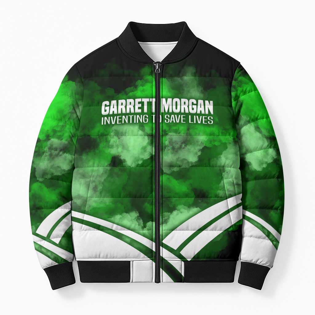 Garrett Morgan Bomber Puffer Jacket with Gas Mask Invention Illustration, Inventing to Save Lives Quote - African Pride
