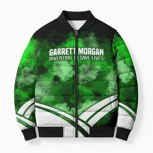 Garrett Morgan Bomber Puffer Jacket with Gas Mask Invention Illustration, Inventing to Save Lives Quote - African Pride