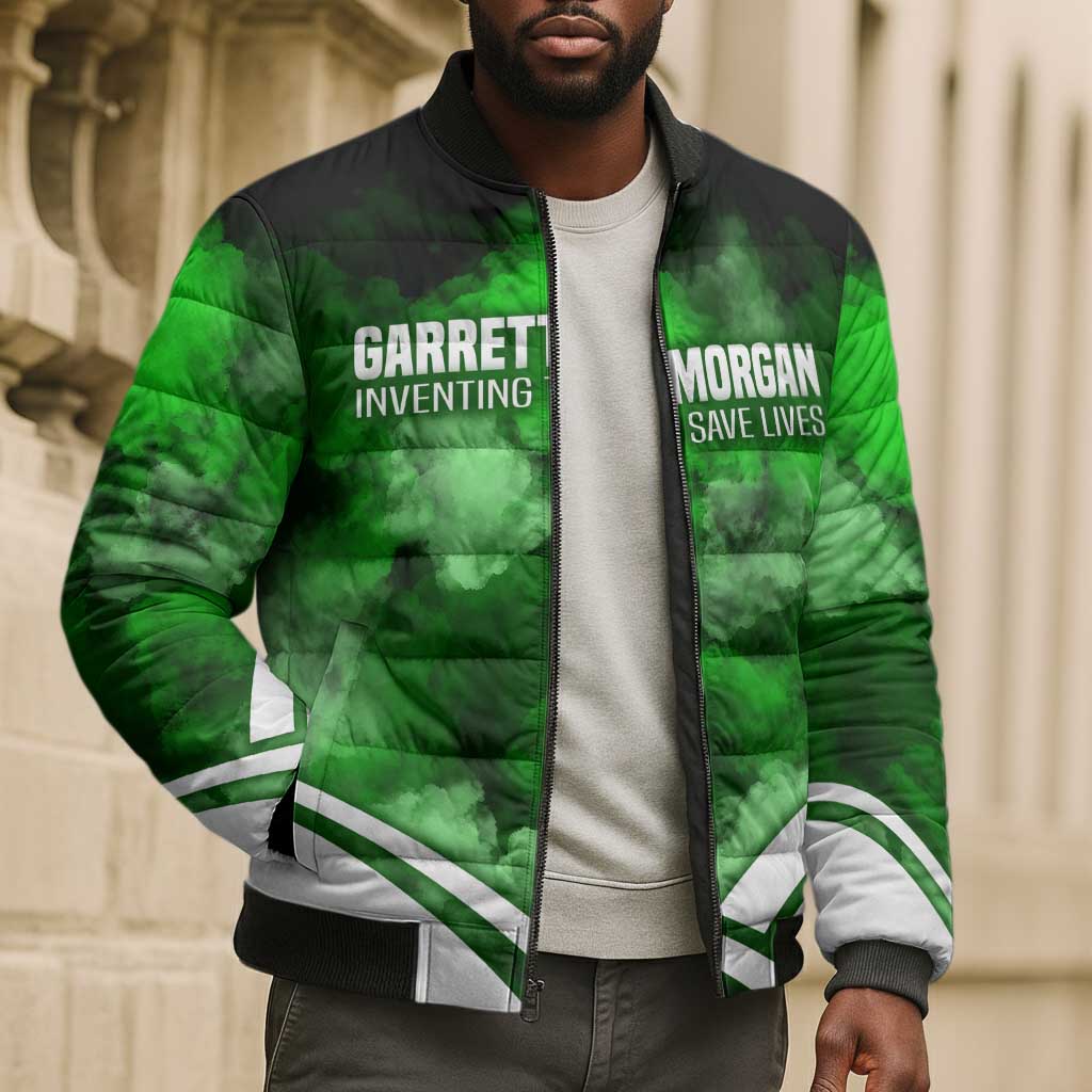 Garrett Morgan Bomber Puffer Jacket with Gas Mask Invention Illustration, Inventing to Save Lives Quote - African Pride