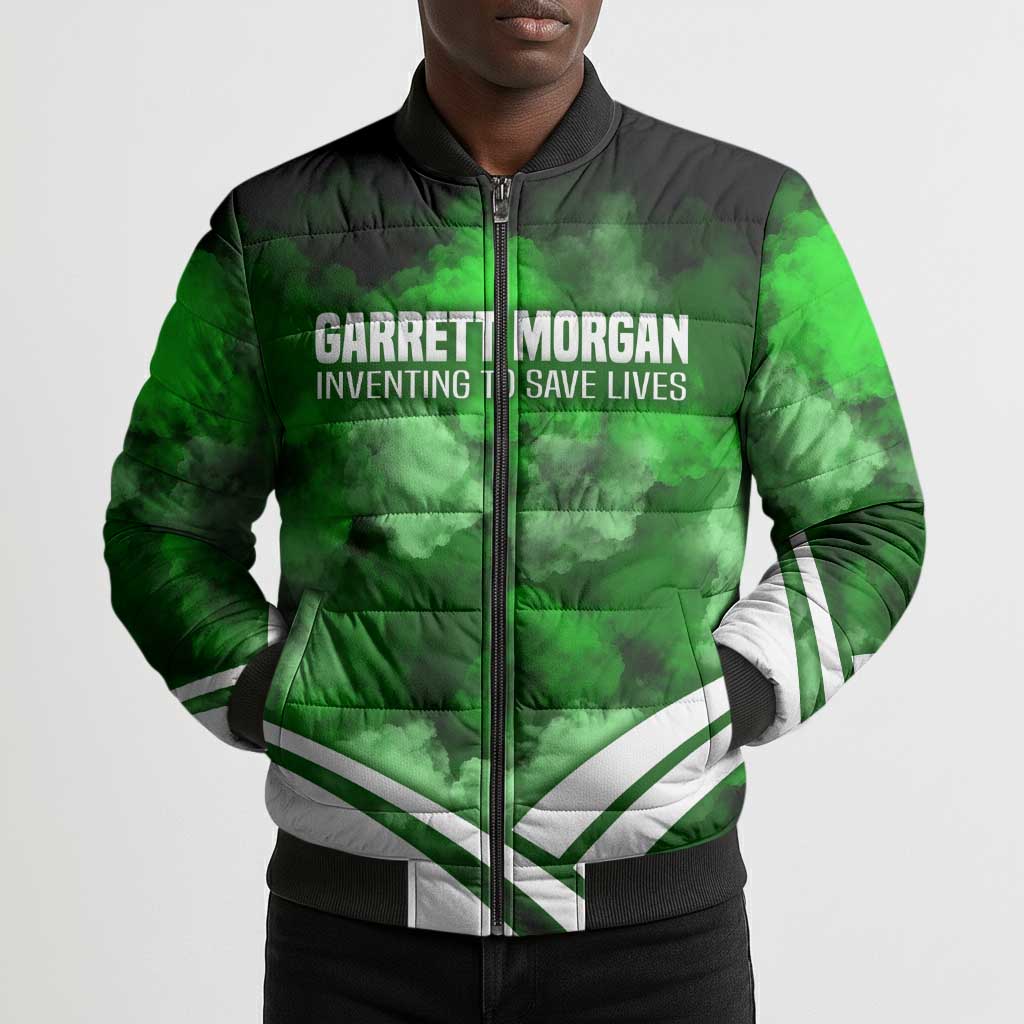 Garrett Morgan Bomber Puffer Jacket with Gas Mask Invention Illustration, Inventing to Save Lives Quote - African Pride