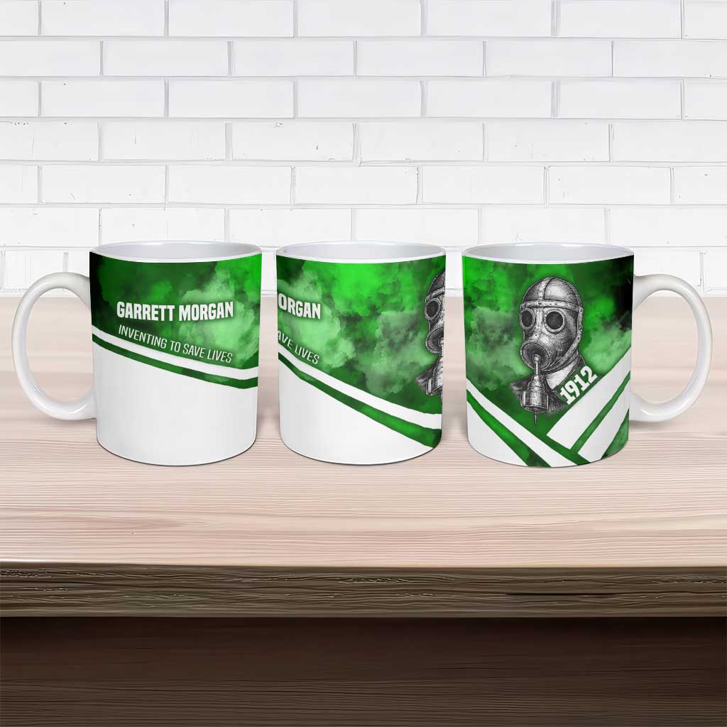 Garrett Morgan Ceramic Mug with Gas Mask Invention Illustration, Inventing to Save Lives Quote - African Pride