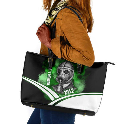 Garrett Morgan Leather Tote Bag with Gas Mask Invention Illustration, Inventing to Save Lives Quote - African Pride