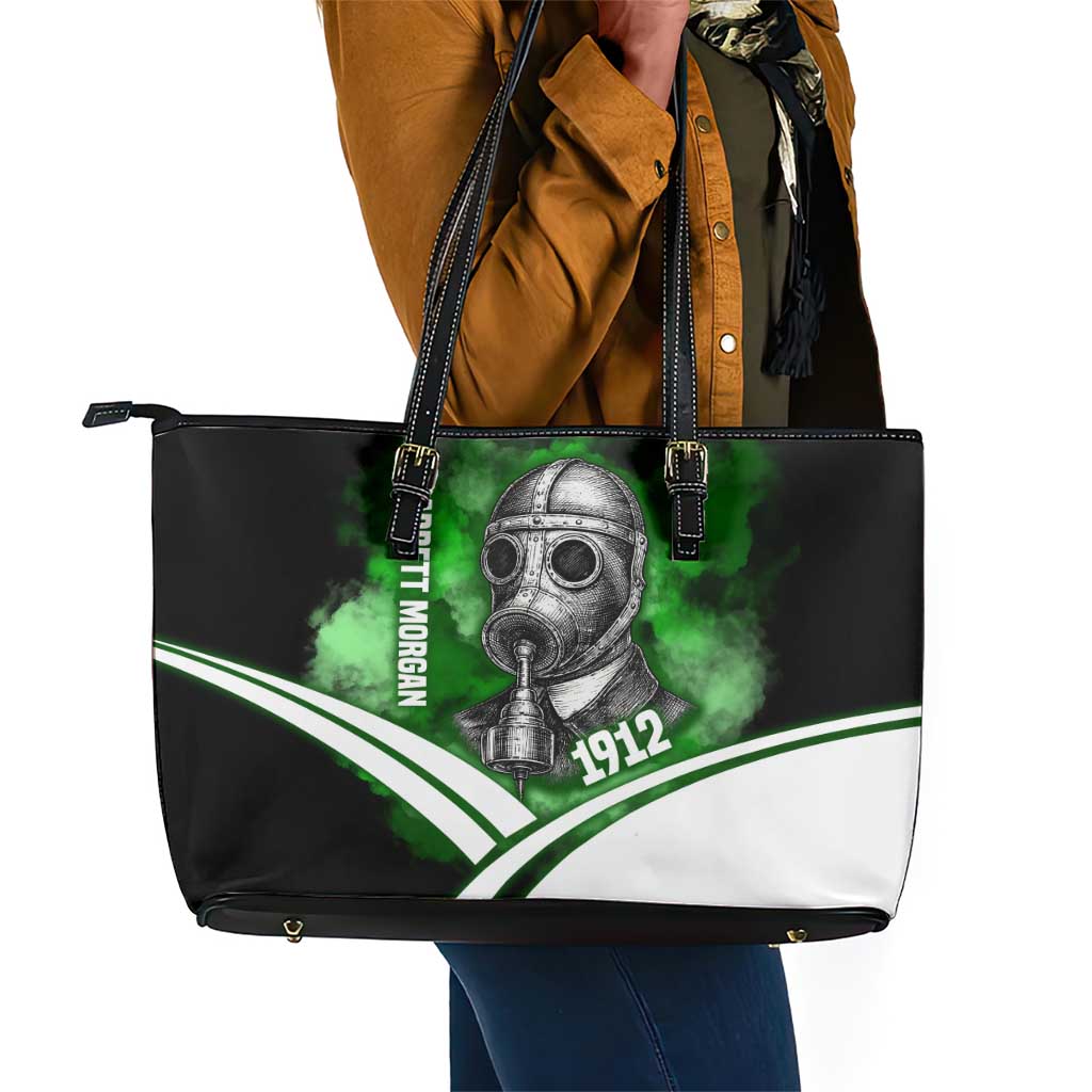 Garrett Morgan Leather Tote Bag with Gas Mask Invention Illustration, Inventing to Save Lives Quote - African Pride