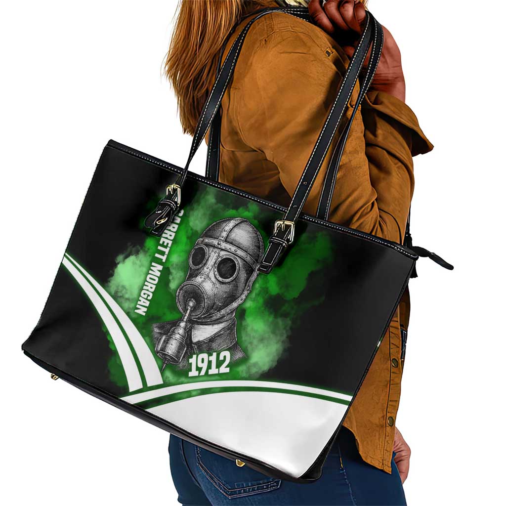 Garrett Morgan Leather Tote Bag with Gas Mask Invention Illustration, Inventing to Save Lives Quote - African Pride