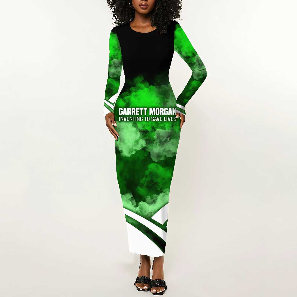Garrett Morgan Long Sleeve Bodycon Dress with Gas Mask Invention Illustration, Inventing to Save Lives Quote - African Pride