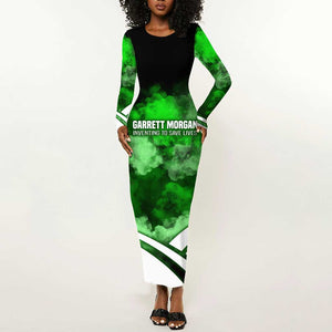 Garrett Morgan Long Sleeve Bodycon Dress with Gas Mask Invention Illustration, Inventing to Save Lives Quote - African Pride