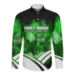 Garrett Morgan Long Sleeve Button Shirt with Gas Mask Invention Illustration, Inventing to Save Lives Quote - African Pride