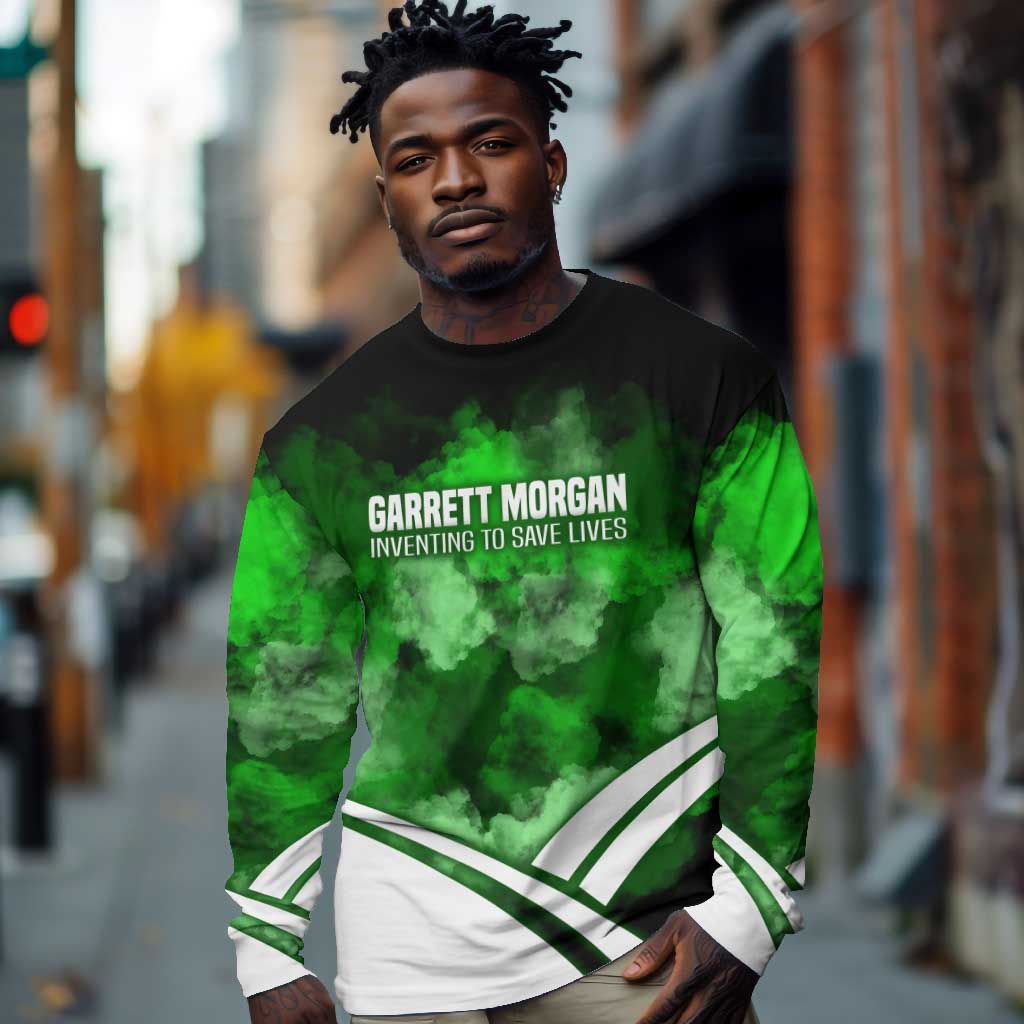 Garrett Morgan Long Sleeve Shirt with Gas Mask Invention Illustration, Inventing to Save Lives Quote - African Pride