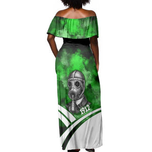 Garrett Morgan Off Shoulder Maxi Dress with Gas Mask Invention Illustration, Inventing to Save Lives Quote - African Pride