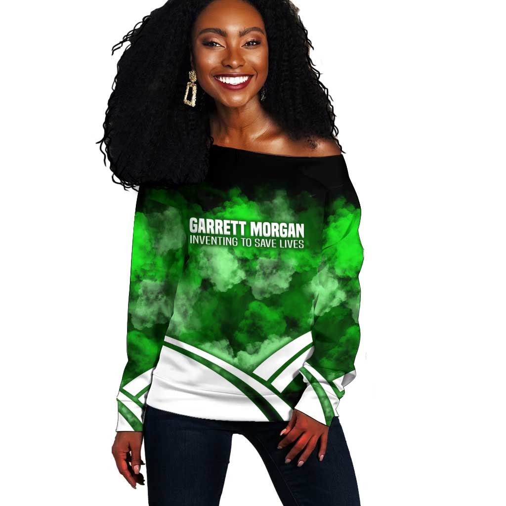 Garrett Morgan Off Shoulder Sweater with Gas Mask Invention Illustration, Inventing to Save Lives Quote - African Pride
