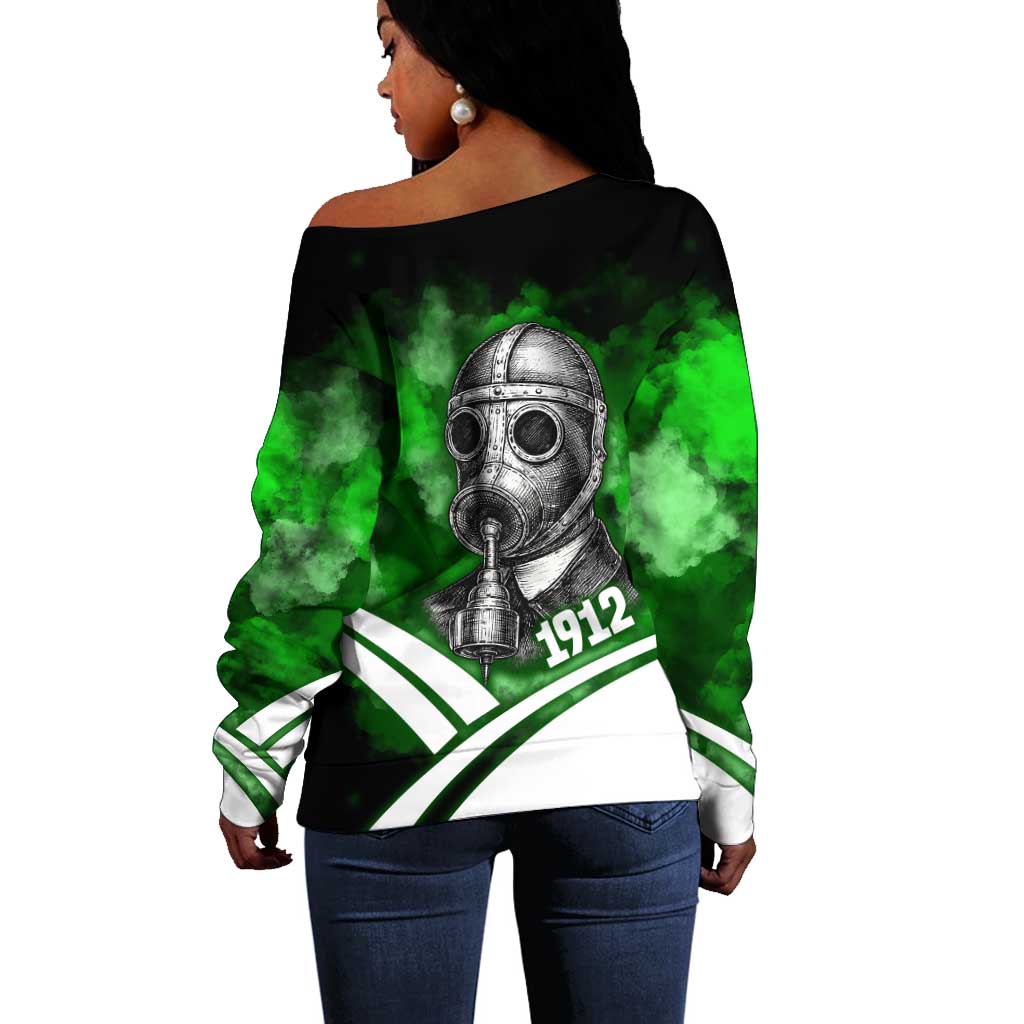 Garrett Morgan Off Shoulder Sweater with Gas Mask Invention Illustration, Inventing to Save Lives Quote - African Pride