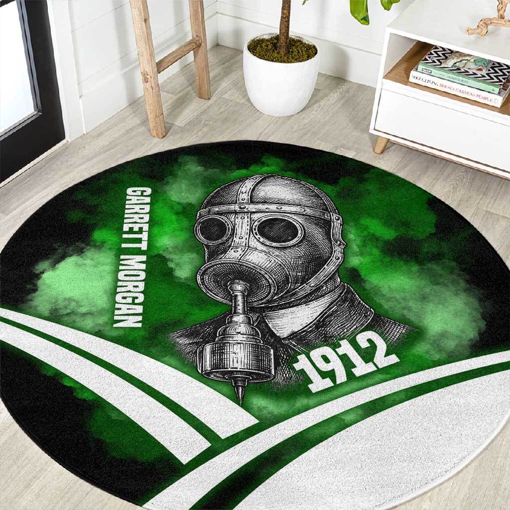 Garrett Morgan Round Carpet with Gas Mask Invention Illustration, Inventing to Save Lives Quote - African Pride