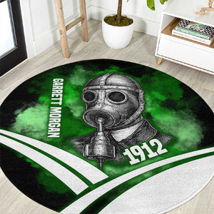 Garrett Morgan Round Carpet with Gas Mask Invention Illustration, Inventing to Save Lives Quote - African Pride