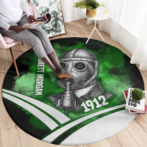 Garrett Morgan Round Carpet with Gas Mask Invention Illustration, Inventing to Save Lives Quote - African Pride