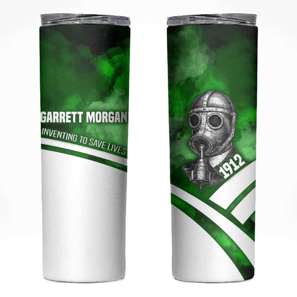 Garrett Morgan Skinny Tumbler with Gas Mask Invention Illustration, Inventing to Save Lives Quote - African Pride
