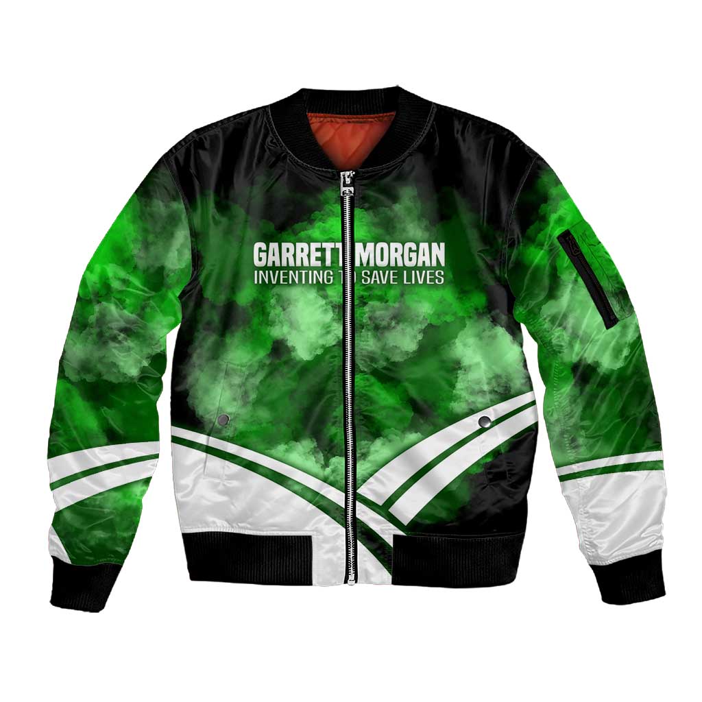 Garrett Morgan Sleeve Zip Bomber Jacket with Gas Mask Invention Illustration, Inventing to Save Lives Quote - African Pride