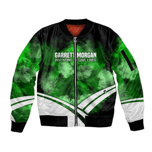 Garrett Morgan Sleeve Zip Bomber Jacket with Gas Mask Invention Illustration, Inventing to Save Lives Quote - African Pride