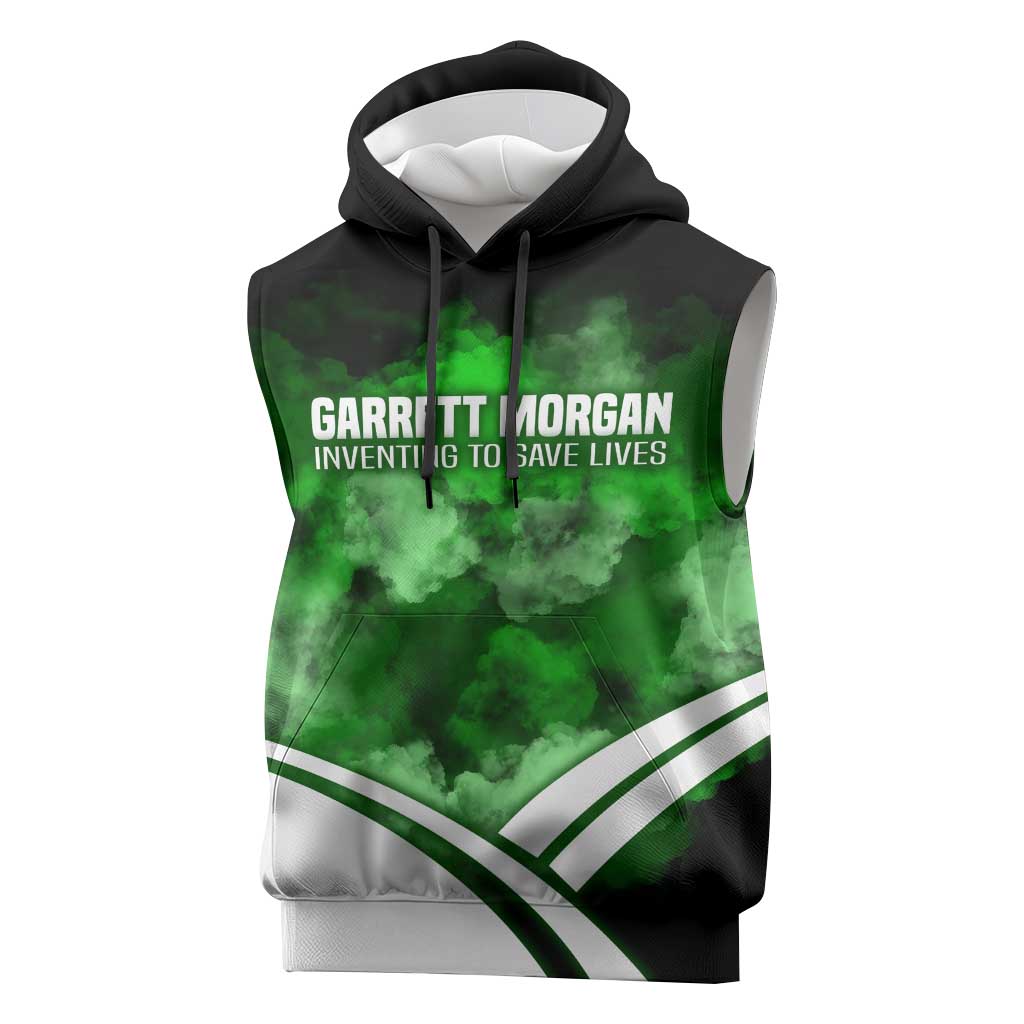 Garrett Morgan Sleeveless Hoodie with Gas Mask Invention Illustration, Inventing to Save Lives Quote - African Pride