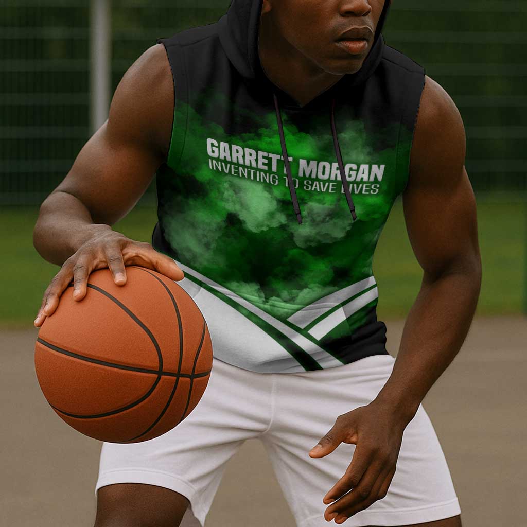 Garrett Morgan Sleeveless Hoodie with Gas Mask Invention Illustration, Inventing to Save Lives Quote - African Pride