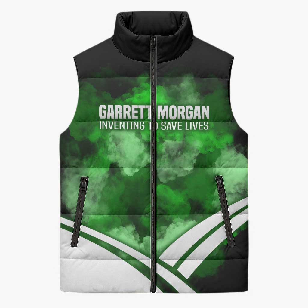Garrett Morgan Sleeveless Puffer Jacket with Gas Mask Invention Illustration, Inventing to Save Lives Quote - African Pride