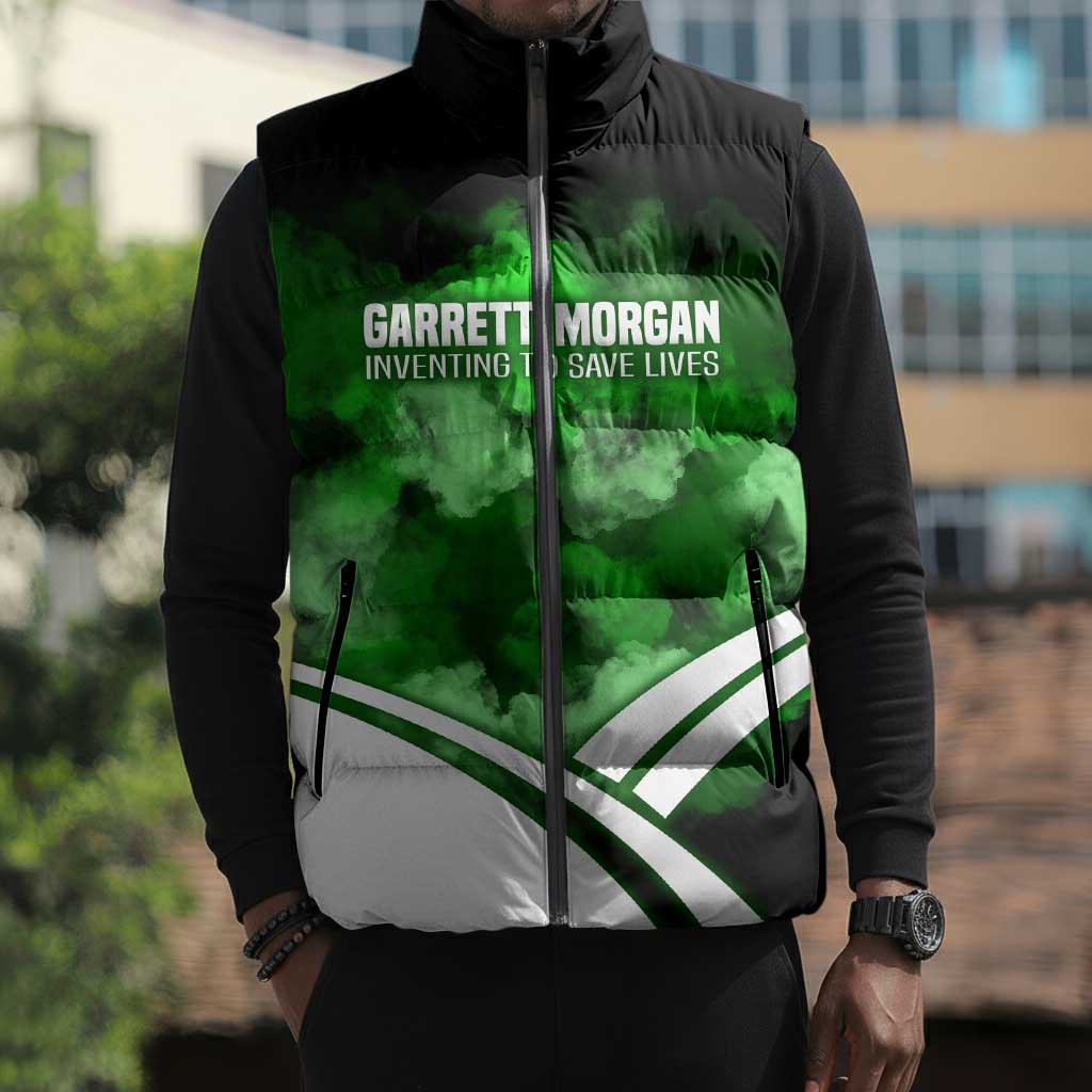 Garrett Morgan Sleeveless Puffer Jacket with Gas Mask Invention Illustration, Inventing to Save Lives Quote - African Pride