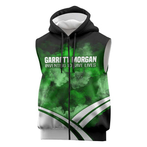 Garrett Morgan Sleeveless Zip Hoodie with Gas Mask Invention Illustration, Inventing to Save Lives Quote - African Pride