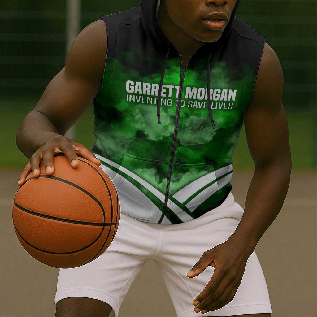 Garrett Morgan Sleeveless Zip Hoodie with Gas Mask Invention Illustration, Inventing to Save Lives Quote - African Pride