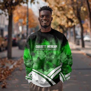 Garrett Morgan Sweatshirt with Gas Mask Invention Illustration, Inventing to Save Lives Quote - African Pride