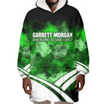 Garrett Morgan Wearable Blanket Hoodie with Gas Mask Invention Illustration, Inventing to Save Lives Quote - African Pride