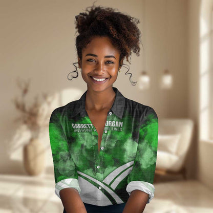 Garrett Morgan Women Casual Shirt with Gas Mask Invention Illustration, Inventing to Save Lives Quote - African Pride