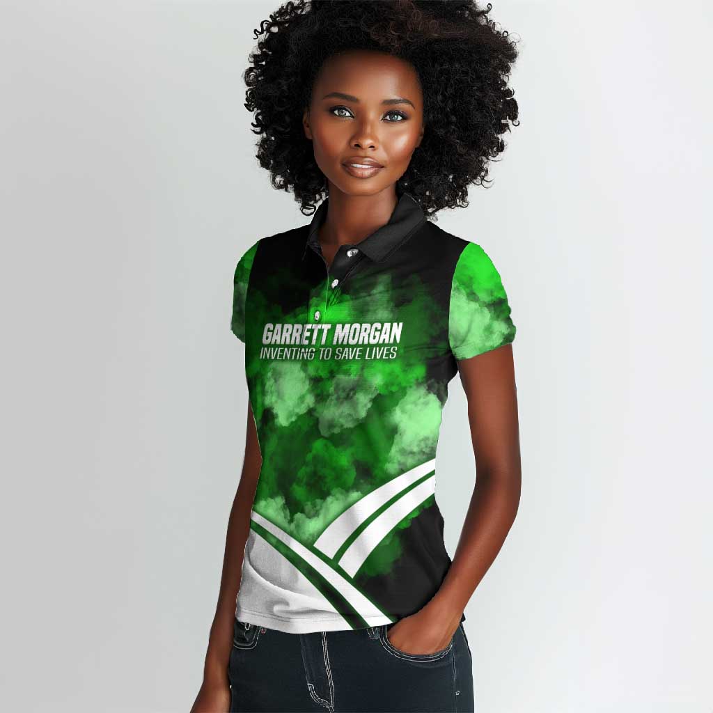 Garrett Morgan Women Polo Shirt with Gas Mask Invention Illustration, Inventing to Save Lives Quote - African Pride