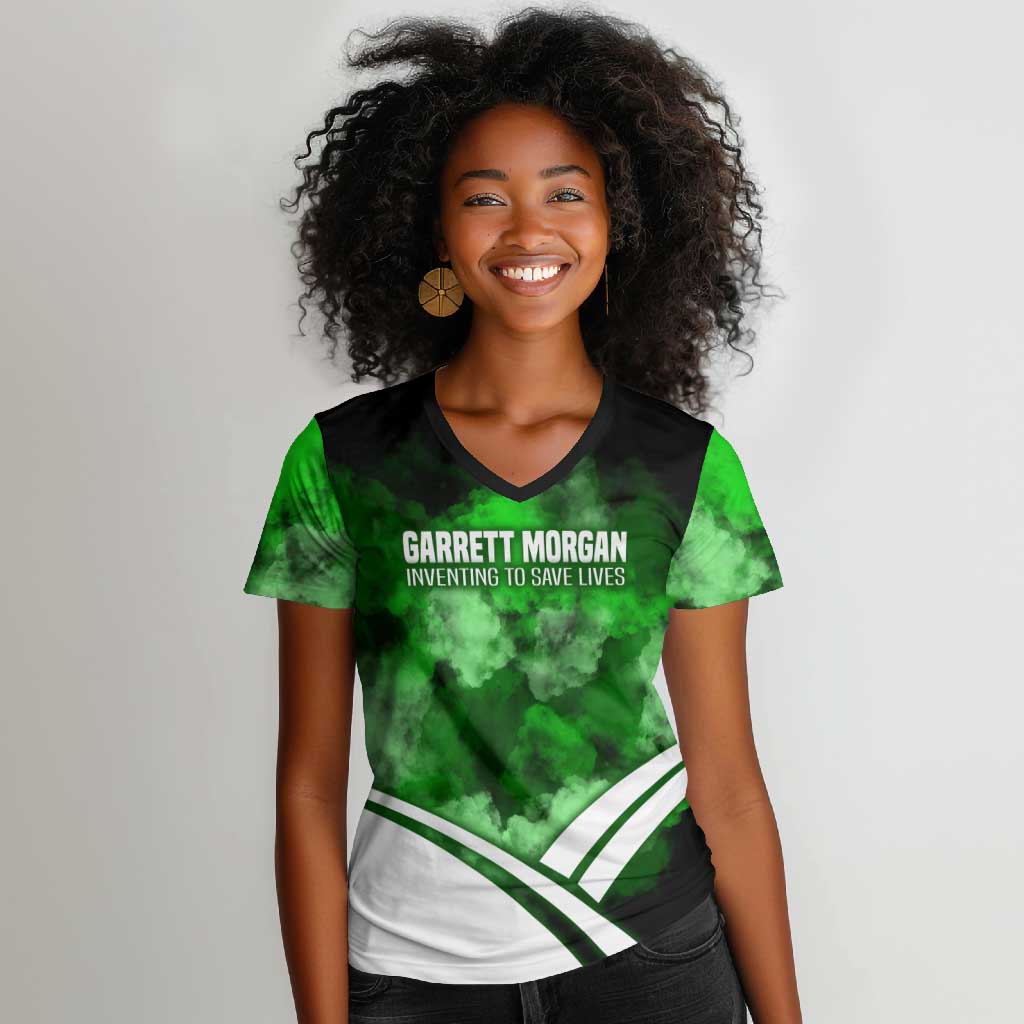 Garrett Morgan Women V-Neck T-Shirt with Gas Mask Invention Illustration, Inventing to Save Lives Quote - African Pride