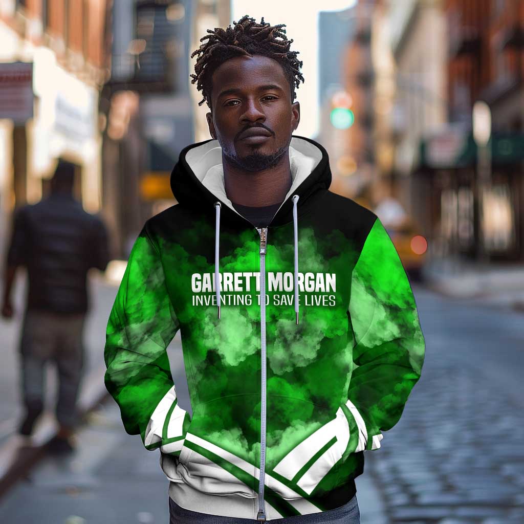 Garrett Morgan Zip Hoodie with Gas Mask Invention Illustration, Inventing to Save Lives Quote - African Pride