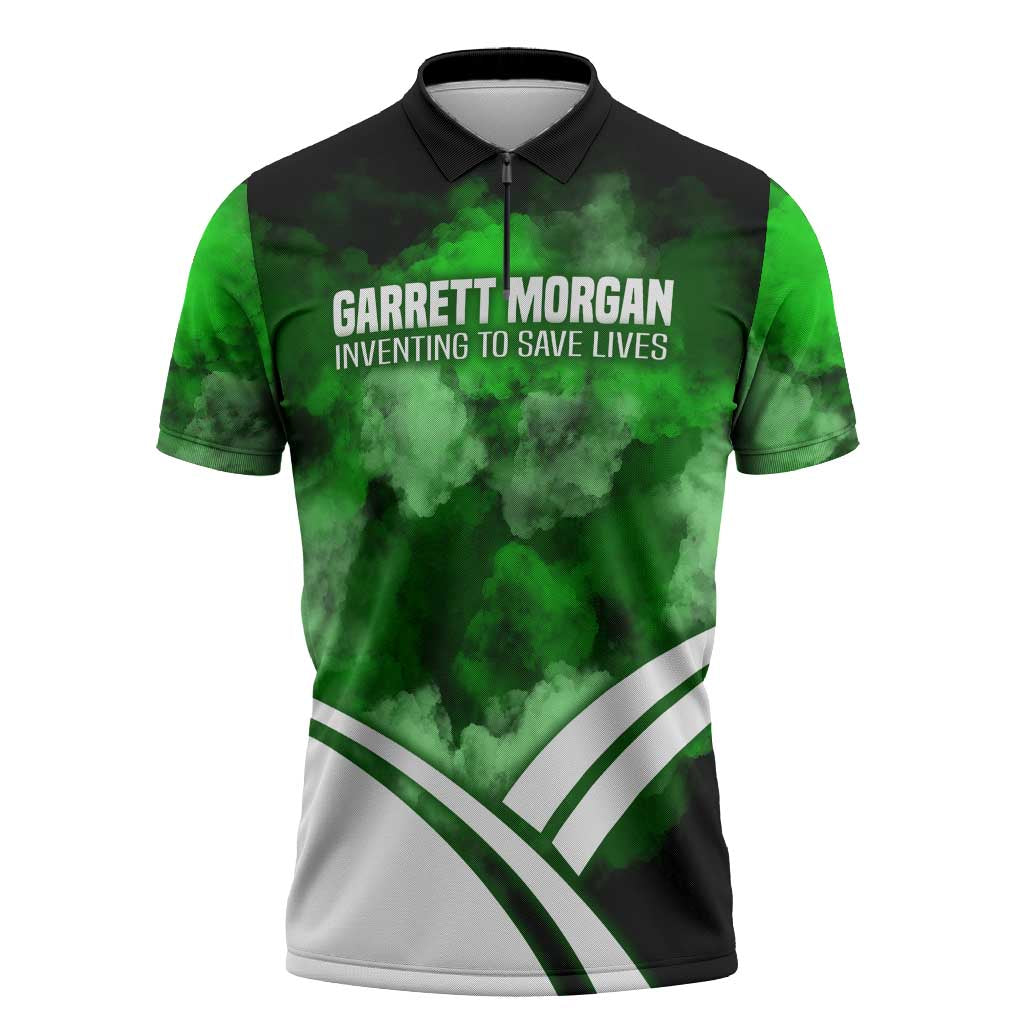 Garrett Morgan Zipper Polo Shirt with Gas Mask Invention Illustration, Inventing to Save Lives Quote - African Pride