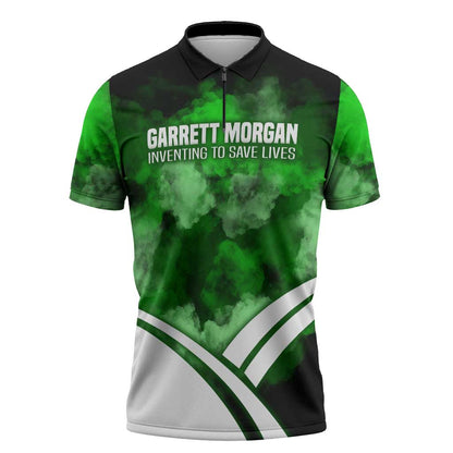 Garrett Morgan Zipper Polo Shirt with Gas Mask Invention Illustration, Inventing to Save Lives Quote - African Pride