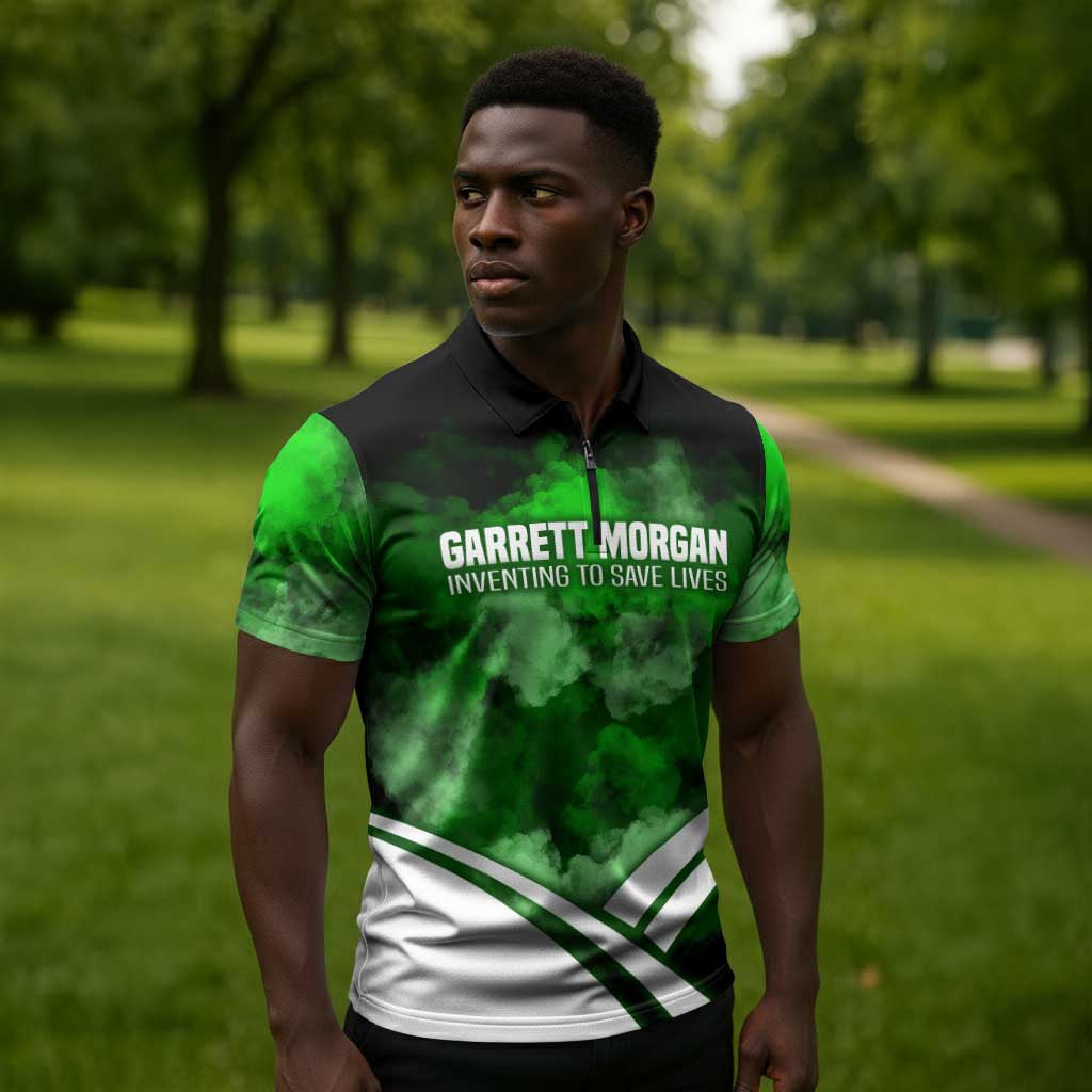 Garrett Morgan Zipper Polo Shirt with Gas Mask Invention Illustration, Inventing to Save Lives Quote - African Pride