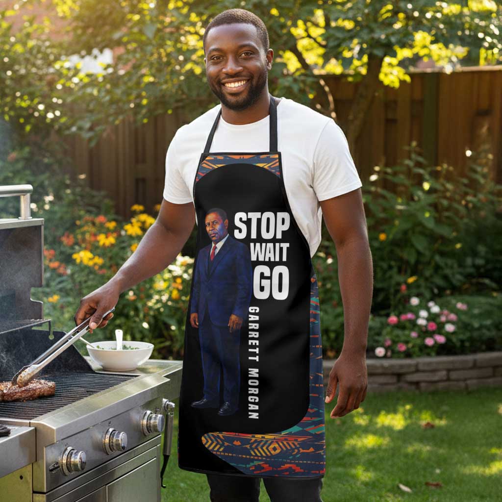 Garrett Morgan Apron with Full Body Portrait, Stop Wait Go Quote, Traffic Light Design - African Pride